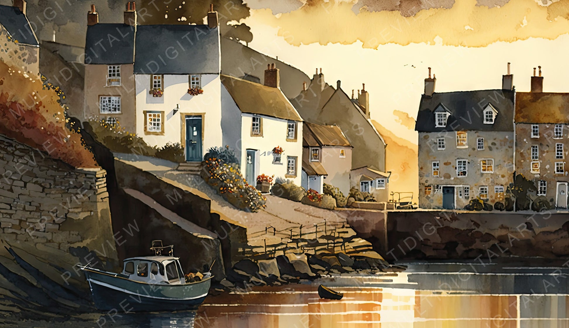 Digital Illustration - Fishing Village | Watercolor 03 - 9984 x 5760 @300DPI