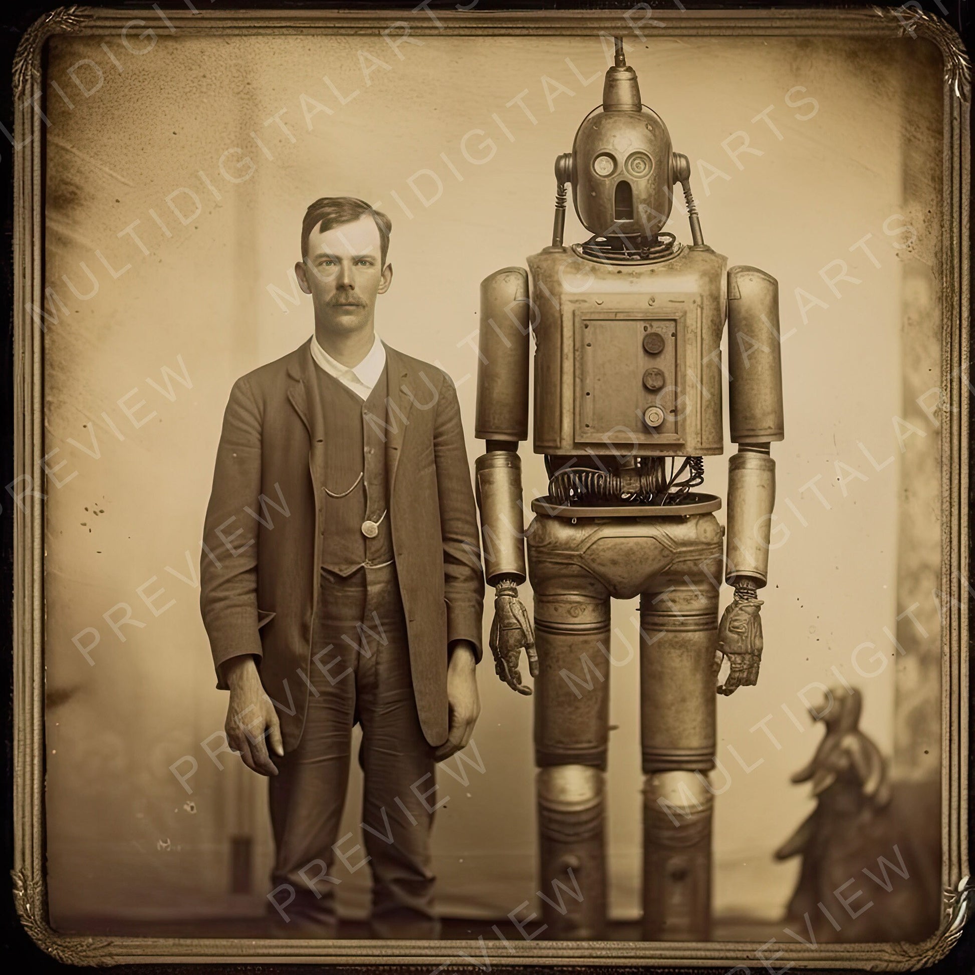 Digital Illustration - Tintype Style Photograph Man + Robot 05  6144 x 6144 300DPI