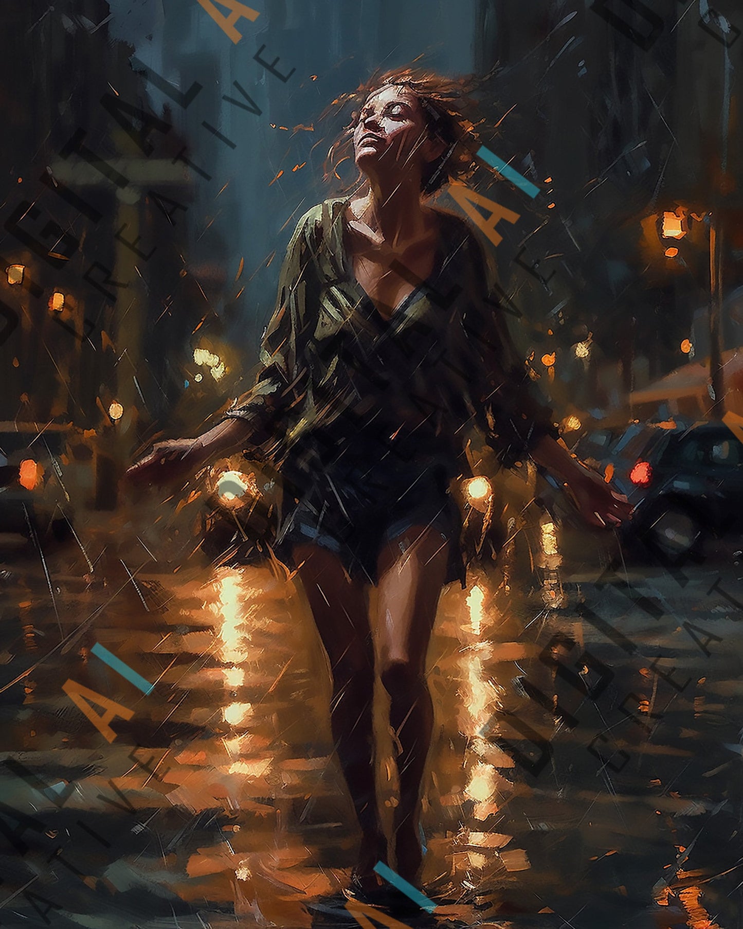 Digital Illustration Package - X4 Figurative Oil Painting - Girl Dancing in the Rain - 8736 x 4896 @300DPI